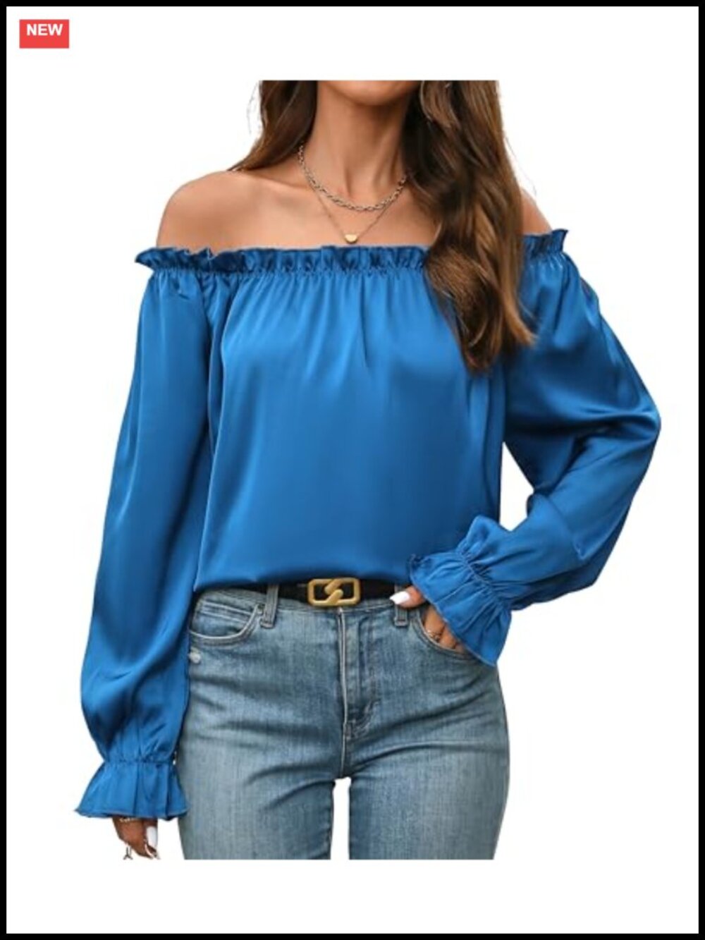 Satin Silk Off Shoulder Ruffle Blouse Long Sleeve Loose Tunic Top